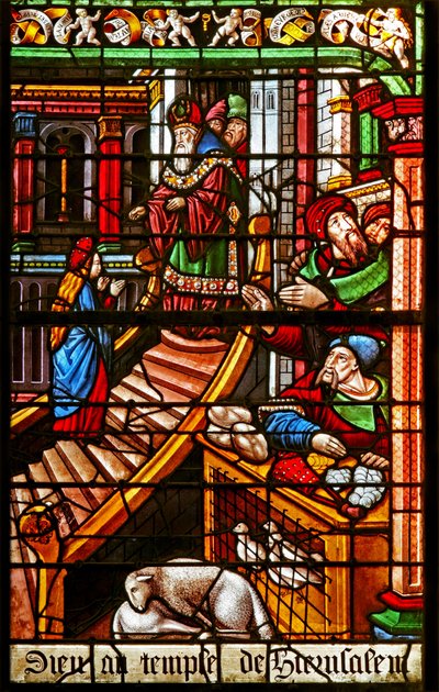 Janela w38 representando uma cena da vida da Virgem Maria: sua apresentação no templo de French School