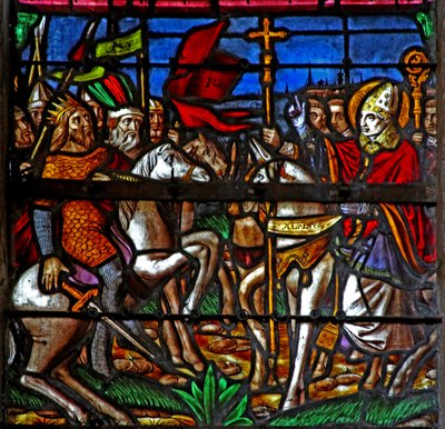 Janela w3 representando St Alpin impede Atilla de demitir Chalons de French School