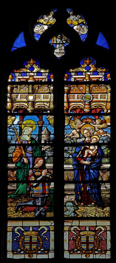 Janela w3 representando St Barbara e o doador Jean de Montmorencyn de French School