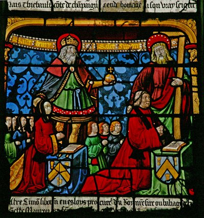 Janela w3 representando doadores - Henriette de Mauroy e Simon Liboron com seus filhos e patronos São Henrique e Simão de Cirene de French School
