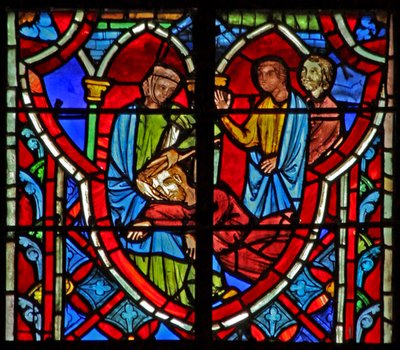 Window w5 Delilah corta o cabelo de Samson. Juízes XVI 19 de French School