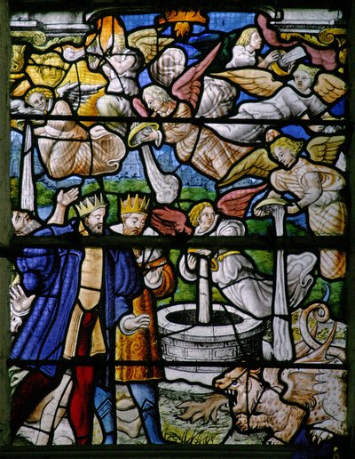 Janela w5 retratando cenas de St Johns Livro do Apocalipse: homens são queimados; a água é transformada em sangue; frascos são esvaziados; granizo desce de French School