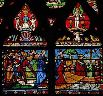 Janela w6 representando uma cena da vida de St Mary Magdalene - ela embarca em um barco de French School