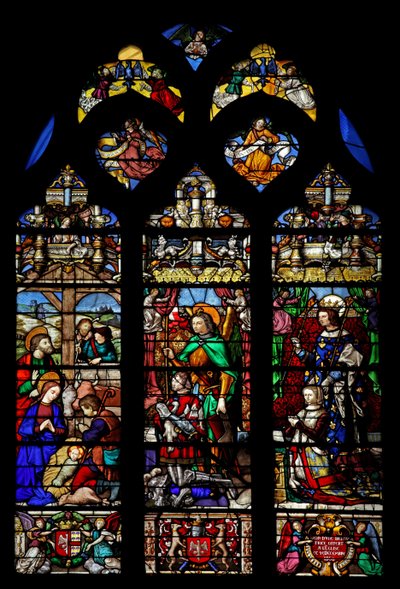 Janela w6 representando a Natividade com pastores; doadores Gaspard de Coligny e esposa e santo padroeiro de French School
