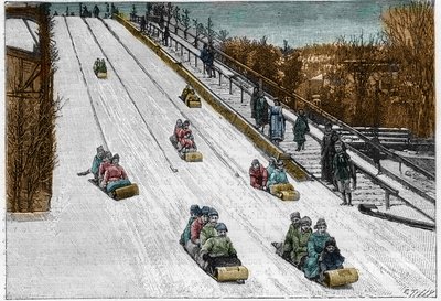 Jogo de Inverno e desporto: o Tobogan slide, montanha-russa no Montreal Park, Canadá. Gravura em "La Nature". Revue des sciences et de ses applications aux arts et a l