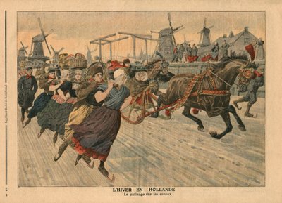 Inverno na Holanda, patinação no gelo no canal, ilustração de &39;Le Petit Journal&39;, suplemento illustre, 13 de janeiro de 1907 (cor litho) de French School