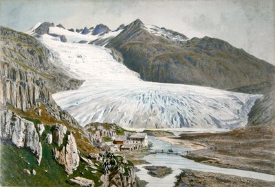 Paisagem de Inverno e viajantes nos Pirenéus, c.1850 (cor litho) de French School