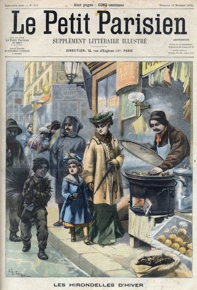 Andorinhas de inverno: um jovem rapaz da chaminé na rua coberto de fuligem. Na calçada um policial, uma mãe e uma filha com um comerciante de castanhas. Gravura em "Le Petit Parisien". de French School