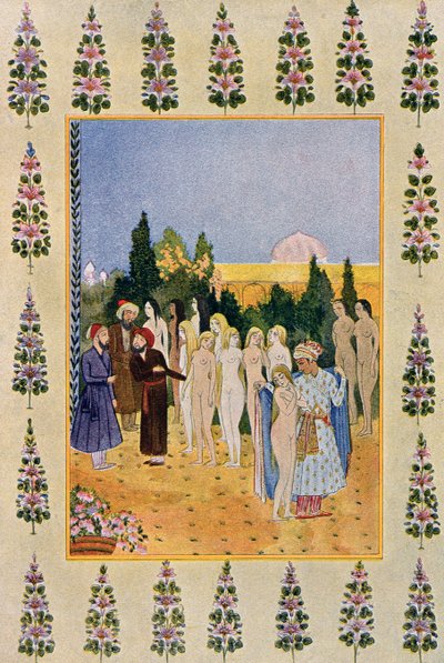 Com meu manto eu irei proteger sua nudez, ilustração das Mil e Uma Noites, 1895 (gravura colorida) de French School