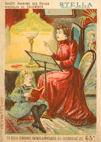 Mulher, criança, leitura, luz, óleo, lâmpada de French School
