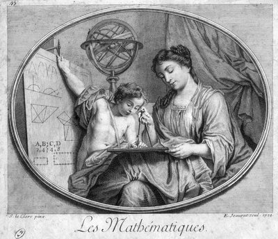 Mulher e criança com compasso e figuras (alegoria da matemática) - gravura de French School