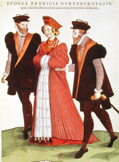 Mulher de Nuremburg sendo escoltada ao templo por dois senadores, 1572 de French School