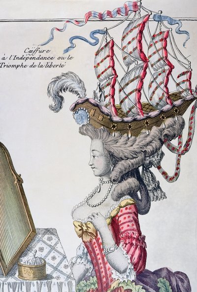 Mulher em um vestido de dia com um penteado a la Belle Poule, período da independência americana, 1779-80 de French School