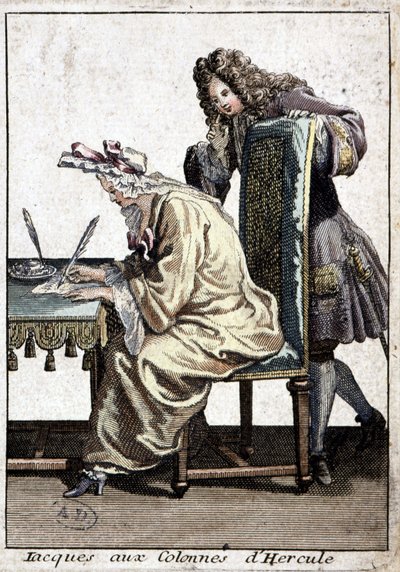 Mulher de camisa e touca de dormir a escrever uma carta com homem, n.d. v. 1715. de French School