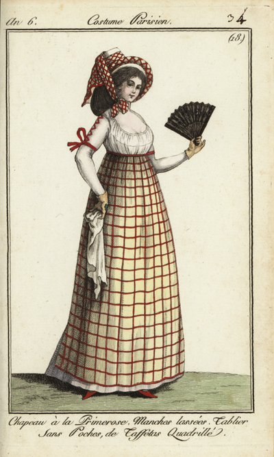 Mulher na moda Primerose hat de 1798 (gravação em chapa de cobre colorida à mão) de French School