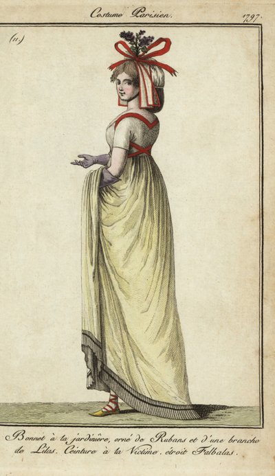 Mulher com cinto ao estilo de vítima e chapéu de jardineiro de French School