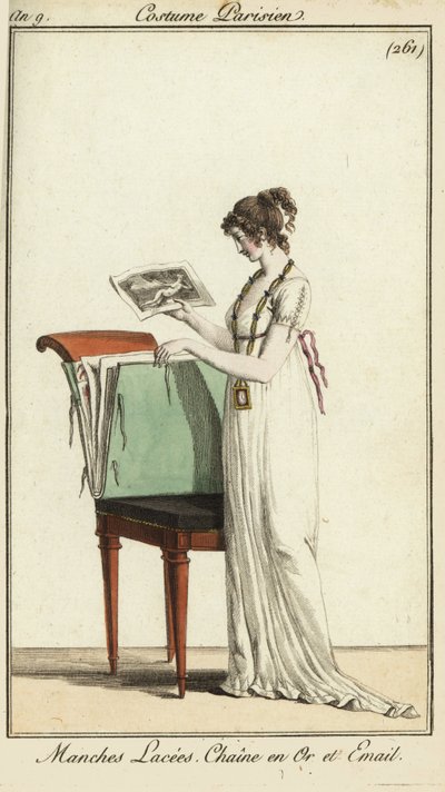 Mulher a olhar para um portfólio de gravuras de French School