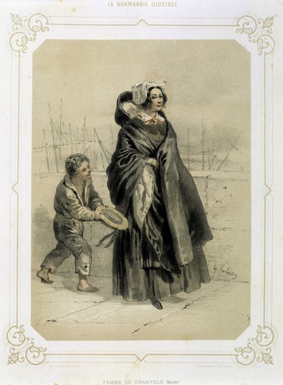 Mulher de Granville e jovem mendiga - na litografia da "Normandia Ilustrada". de French School