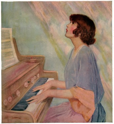 Mulher tocando órgão de French School