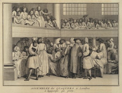 Pregação de uma mulher numa reunião de Quakers em Londres (gravura) de French School