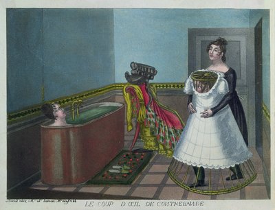 Mulher tomando banho enquanto sua empregada esconde secretamente um voyeur, início do século XIX (gravura a cores) de French School