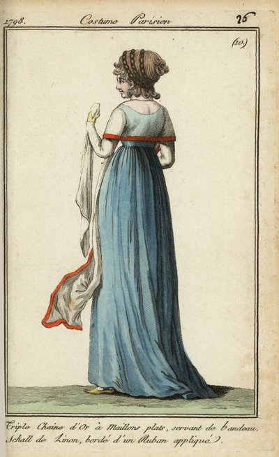 Mulher com xaile de ver através da moda de 1798 (gravação de chapa de cobre colorida à mão) de French School