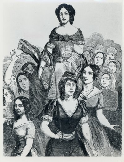 Mulheres carregando Jeanne Deroin (1805-94) em triunfo, de mulheres famosas, volume I, Paris, Mazenod, 1848 de French School