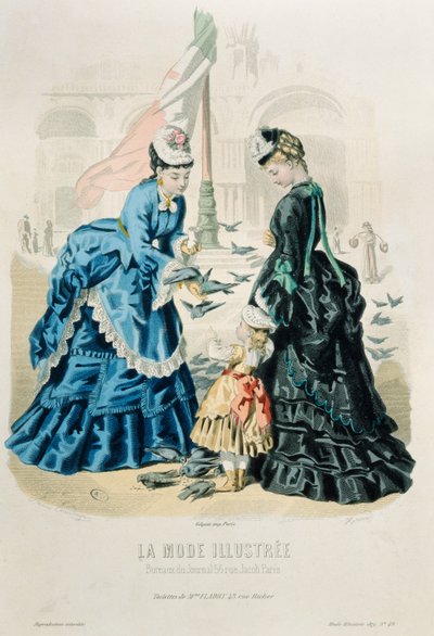 Mulheres e uma criança alimentando os pombos, de La Mode Illustrée, 1872 de French School