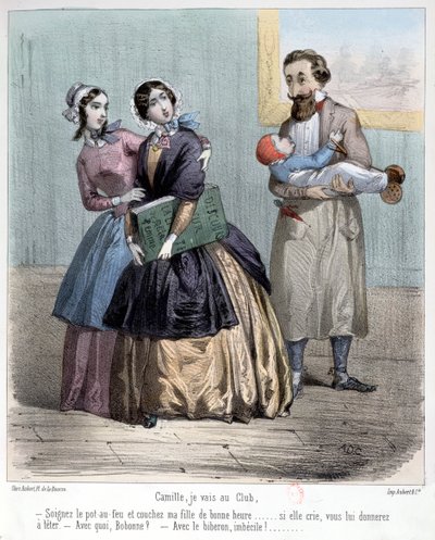 Mulheres deixando seus maridos para cuidar de crianças enquanto vão para o clube, 1848 de French School