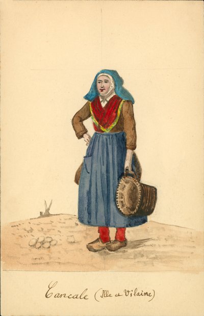 Traje feminino de Cancale, Ille-et-Vilaine (litografia a cores) de French School
