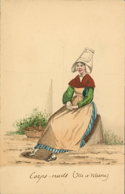 Traje feminino de Corps-Nuds, Ille-et-Vilaine (litografia a cores) de French School