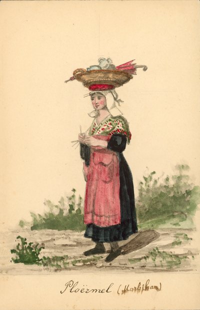 Fato de mulher de Ploermel, Morbihan (litografia a cores) de French School