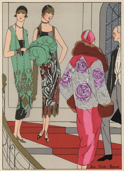 Moda de noite feminina dos anos 20 dos estilistas Edward Molyneux e Martial e Amand (litografia a cores) de French School