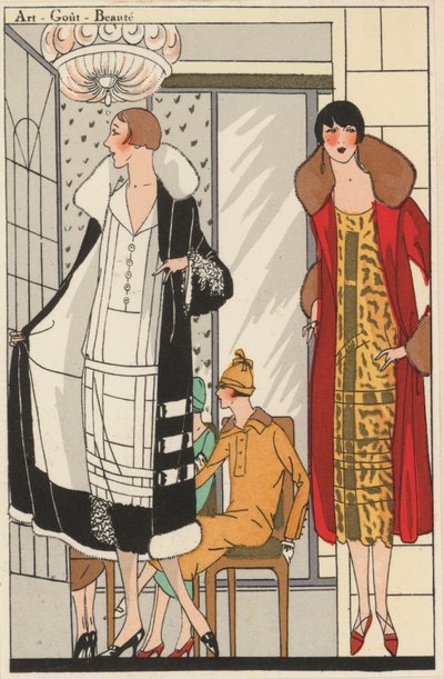 Moda feminina dos anos 20 do estilista Lucien Lelong (litografia a cores) de French School