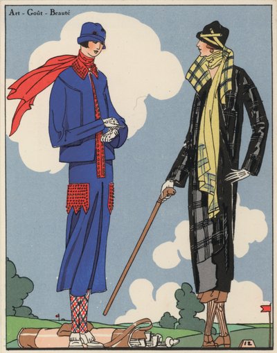 Moda feminina de golfe da década de 1920 dos estilistas Martial e Armand e Christoph Drecoll. (litografia a cores) de French School