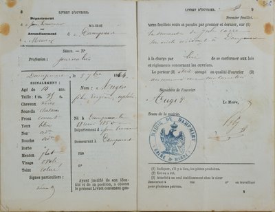 Manual de Trabalhadores emitido por Mairie de Dampmart a Felix Auger (n.1850), 1864 de French School