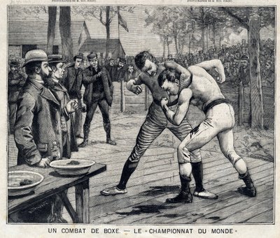 Campeonato Mundial: luta de boxe entre Jim Corbett e Bob Fitzsimmons em Carson, Nevada, Estados Unidos: Em "The Little Parisien" a 11/04/1897. Coleção Privada de French School