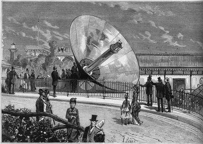 Exposição Mundial 1878 em Paris: forno solar inventado por Augustin Mouchot (1823-1912). Gravura em "Le Monde Illustré" n°1125 de 19 de Outubro de 1878. de French School