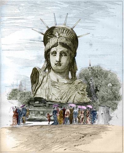 Exposição Mundial 1878 em Paris: a cabeça da Estátua da Liberdade de Frederic Auguste Bartholdi (1834-1904). Gravura de Edgard Morin em "O Mundo Ilustrado" n°1111 de 13 de Julho de 1878. de French School