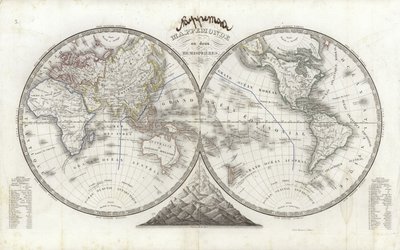 Mapa do mundo em dois hemisférios (gravura de cor) de French School