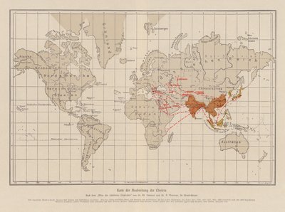 Mapa-mundo da propagação da cólera (litografia a cores) de French School
