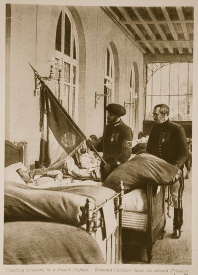 Chasseur ferido beija o amado Tricolor, 1914-19 de French School