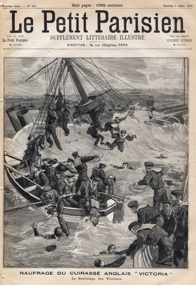 Naufrágio da armadura inglesa "Victoria" após uma colisão na costa da Síria e resgate das vítimas. Um dos jornais " Le petit Parisien" em 9/07/1893 (gravura) de French School
