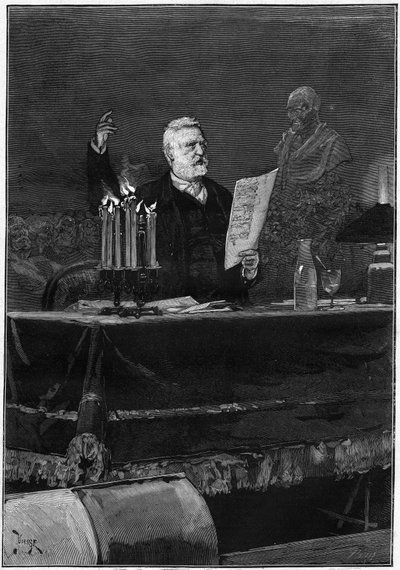 O escritor Victor Hugo (1802-1885) fala por ocasião do centenário da morte de Voltaire, famoso no Teatro de la Gaite, em Paris, a 30 de Maio de 1878. Gravura em "Le Monde Illustré" n°1106 de 8 de Junho de 1878. de French School