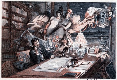 Escritor na sua mesa de trabalho inspirado por mulheres nuas e angelicais - em "Menus-propos d