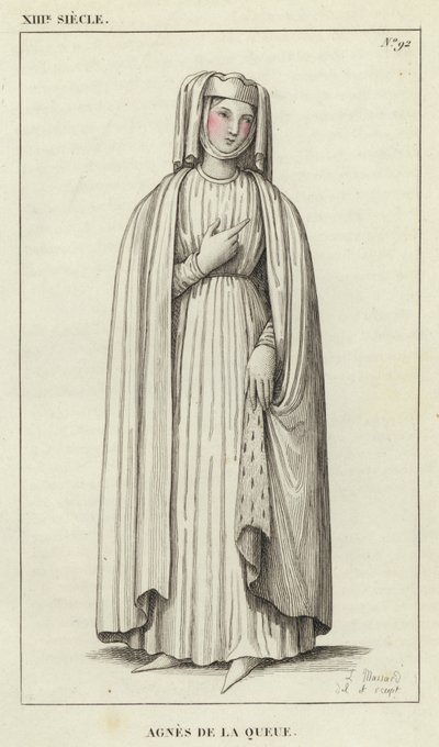 XIII Siecle, Agnes de la Queue (gravura a cores) de French School