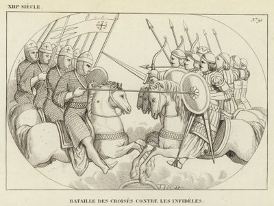 Século XIII, Batalha dos Cruzados contra os Infiéis (gravura) de French School