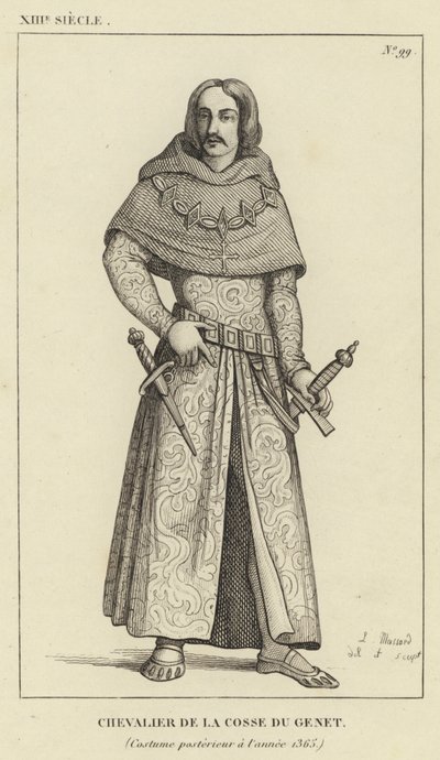 Século XIII, Chevalier de la Cosse du Genet, Posteriur de la Costume para o ano 1365 (gravura) de French School