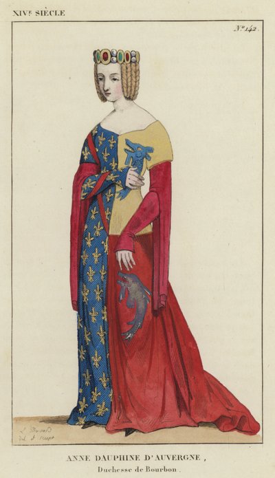 Século XIV, Anne Dauphine de Auvergne, Duquesa de Bourbon (gravura a cores) de French School