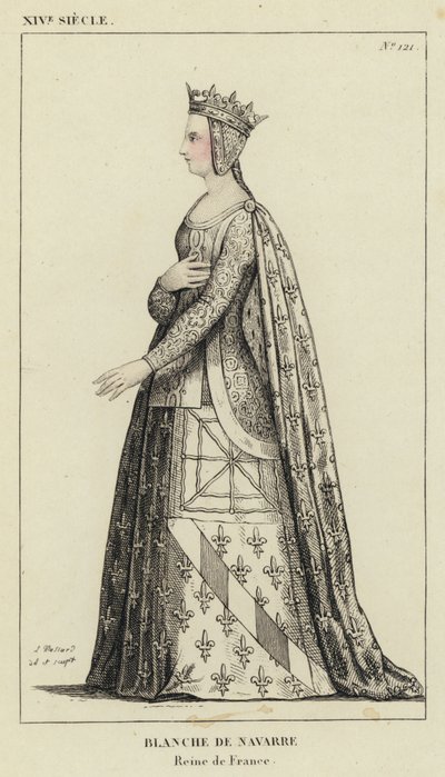 Século XIV, Blanche de Navarra, Rainha de França (gravura a cores) de French School